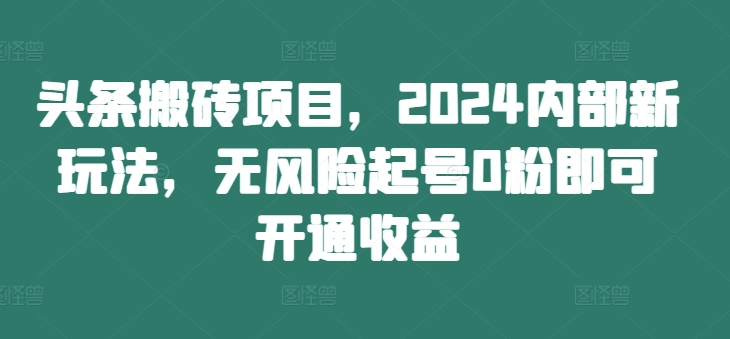 头条搬砖项目，2024内部新玩法，无风险起号0粉即可开通收益-小鹏项目网