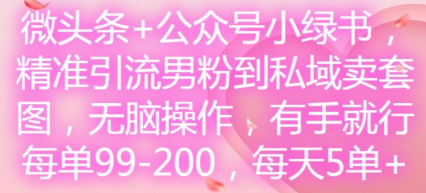 微头条+公众号小绿书，精准引流男粉到私域卖套图，无脑操作，有手就行，每单99-200，每天5单-小鹏项目网